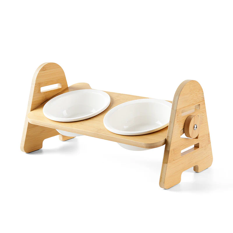 Porte gamelle pour chien en bambou ajustable